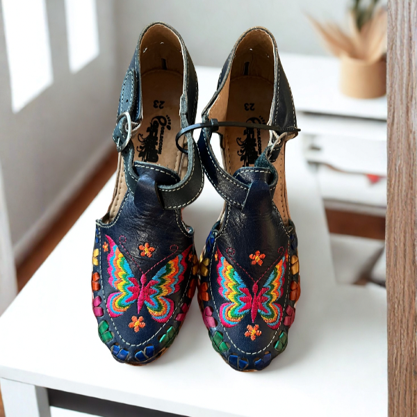Women’s Blue Leather Mid Heel Butterfly Embroidered With Adjustable Strap