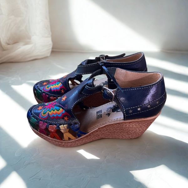 Women’s Blue Leather Mid Heel Butterfly Embroidered With Adjustable Strap