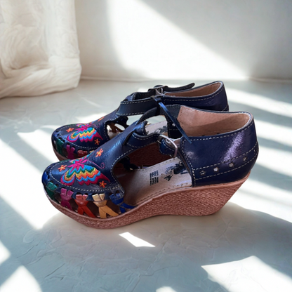 Women’s Blue Leather Mid Heel Butterfly Embroidered With Adjustable Strap