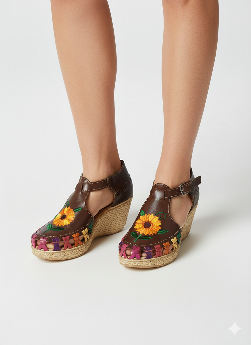 Embroidered Mexican Sunflower Leather Platform Heels tacones (brown)